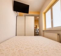 Na prenájom 1 izbový byt po rekonštrukcii – Banská Bystrica/centrum - Spálňa v 1-izbovom byte s televízorom, skriňou a oknom s roletami.
