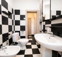 Na prenájom 1 izbový byt po rekonštrukcii – Banská Bystrica/centrum - Kúpeľňa s čiernobielymi obkladačkami a keramickým sanitárnym zariadením v 1-izbovom byte.