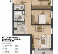 Na predaj novostavba 3 izbový byt, Bratislava, Nový Ružinov, Bajkalská - Pôdorys 3-izbového bytu s kuchyňou, obývačkou, kúpeľňou a lodžiou.