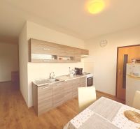 Na predaj: Veľký 2 izb.byt + LOGGIA + ŠPAJZA + PIVNICA - Kuchyňa v 2-izbovom byte s podlahou s dreveným dekorom a jedálenským stolom.