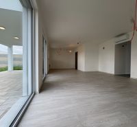 Na predaj: Novostavba rodinného domu v Leviciach - Interiér rodinného domu s podlahou s dreveným dekorom a veľkými oknami.