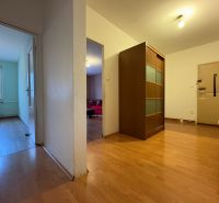 Na predaj: CENTRUM: 3 izb.byt + PIVNICA - Chodba v 3-izbovom byte s podlahou s dreveným dekorom a vstavanou skriňou.