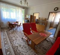 Predaj 3 izbového bytu vo Vyhniach - Obývačka s jedálenským stolom a 3-izbový byt, veľké okno, koberec, staršie zariadenie.