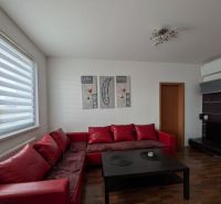 NOVÁ CENA - 4 izbový / 2 samostatné byt. jednotky, Wolkrova - Obývačka s červenou sedačkou, stolíkom a podlahou s dreveným dekorom v 4-izbovom byte.