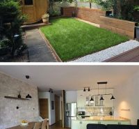 3- izbový byt na  ulici Frankovská  - Terasová záhrada s trávnikom a drevený interiér v 3-izbovom byte s kuchyňou.