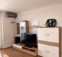 4-izbový byt, Bratislava/Nové Mesto, ulica Nová Rožňavská - Obývacia izba v 4-izbovom byte s televízorom a nábytkom, podlaha s dreveným dekorom.