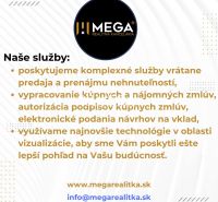 Predaj stavebného pozemku pri Zemplínskej šírave – Klokočov - Reklama na služby realitnej kancelárie Mega zahŕňajúce predaj, prenájom a vizualizáciu.