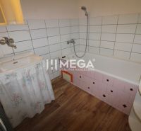 Na prenájom: Priestranný 2-izbový byt s balkónom v Humennom - Kúpeľňa v 2-izbovom byte s vaňou, umývadlom a podlahou s dreveným dekorom.