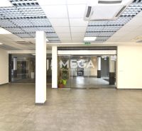 NA PRENÁJOM OBCHODNÝ PRIESTOR 96 m² – BEZ DEPOZITU, TOP CENA - Interiér obchodných priestorov s presklenými dverami a sivou podlahou s dekorom.