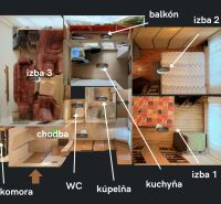 PRIESTRANNÝ BYT NA KARPATSKEJ ULICI, 80M2, SÁSOVÁ - Pôdorys 3-izbového bytu s balkónom, izby so sedacou súpravou a posteľami.