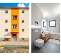 PREDAJ | 2-izb. byt 59 m² + loggia | Š. Michaľany - Exteriér budovy na ulici Pod lesíkom v Šarišských Michaľanoch a kúpeľňa v 2-izbovom byte.