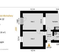 PREDAJ | 2-izb. byt 59 m² + loggia | Š. Michaľany - Pôdorys dvojizbového bytu na ulici Pod lesíkom v Šarišských Michaľanoch zobrazujúci dispozíciu miestností.