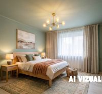 PREDAJ | 2-izb. byt 59 m² + loggia | Š. Michaľany - Spálňa s podlahou s dreveným dekorom, posteľou a obrazom v 2-izbovom byte.