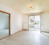 PREDAJ | 2-izb. byt 59 m² + loggia | Š. Michaľany - Interiér 2-izbového bytu s podlahou s dreveným dekorom a priamym výhľadom na balkón.