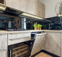2 - IZBOVÝ BYT | BRATISLAVA III | VAJNORSKÁ  - Štýlová kuchyňa v 2-izbovom byte s otvorenou umývačkou a čiernym obkladom.