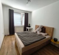 3 izbový kompletne prerobený a zariadený byt na prenájom, Necpaly  - Spálňa v 3-izbovom byte s posteľou, plyšovým medveďom a podlahou s dreveným dekorom.