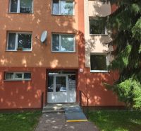 3 izbový kompletne prerobený a zariadený byt na prenájom, Necpaly  - Vchod do bytového domu na Dúbravskej ulici v Prievidzi so stromom a rampou.
