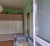 Hlohovec - 2-izb. byt  - ideálna poloha - Izba v 2-izbovom byte s veľkou skriňou, dreveným dekorom a zelenými stenami.