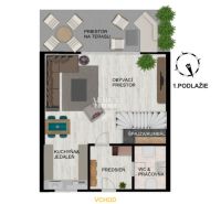 PREDAJ Rodinný DOM 3kk NOVOSTAVBA-Hurbanovo do kt. sa stačí nasťahovať - Pôdorys rodinného domu s obývacím priestorom, kuchyňou, jedálňou a terasou.