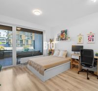 1-IZBOVÝ BYT S VEĽKOU 12 m² TERASOU | SLNEČNICE VILADOMY - 1-izbový byt s podlahou s dreveným dekorom, posteľou a pracovným stolom.