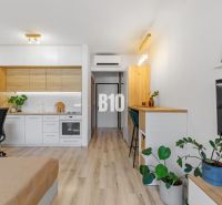 1-IZBOVÝ BYT S VEĽKOU 12 m² TERASOU | SLNEČNICE VILADOMY - Kompaktná kuchyňa s bielymi skrinkami a podlahou s dreveným dekorom v 1-izbovom byte.