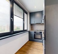 BENADOVA - 4-IZBOVÝ BYT PO KOMPLETNEJ REKONŠTRUKCII, 79 m², LOGGIA  - Kuchyňa v 4-izbovom byte s výhľadom, podlaha s dreveným dekorom, moderné vybavenie.