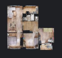 BENADOVA - 4-IZBOVÝ BYT PO KOMPLETNEJ REKONŠTRUKCII, 79 m², LOGGIA  - Pôdorys 4-izbového bytu s podlahou s dreveným dekorom a vybavením.