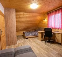 NOVOSTAVBA DOMU V MODERNOM VIDIECKOM ŠTÝLE, OBKLOPENÁ PRÍRODOU A S VEĽ - Izba v rodinnom dome s drevenými stenami, podlahou s dreveným dekorom a pracovným stolom.