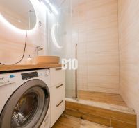 REZERVOVANÉ_1 izb. byt s veľkým balkónom | Klokočina - Nitra - Kúpeľňa v 1-izbovom byte s práčkou, zrkadlom a podlahou s dreveným dekorom.
