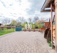 Prerobený dom, 981 m2 pozemok - Chrenová, Nitra (TOP lokalita) - Dvor rodinného domu v Nitre s vydláždenou terasou, zeleňou a drevárne.