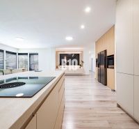 5 izb. bungalov s bazénom, garáž, RED OAK - Nitra, Lužianky - Kuchyňa v rodinnom dome s podlahou s dreveným dekorom a moderným zariadením.