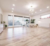 5 izb. bungalov s bazénom, garáž, RED OAK - Nitra, Lužianky - Svetlá obývacia izba s podlahou s dreveným dekorom, veľkými oknami a rastlinami.