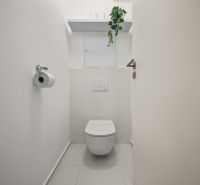 1.BCR | PRIESTRANNÝ 2-IZB. APARTMÁN V MAMAPAPA, PIVNICA, PARKING - Toaleta s dlažbou, vešiakom na toaletný papier a poličkou s rastlinou v 2-izbovom byte.