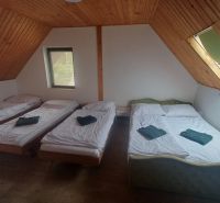 Trojpodlažná rekreačná chata  stredisko Kamenec - Zemplínska Šírava - Spálňa v chate s troma posteľami a podlahou s dreveným dekorom.