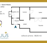 LAURINSKÁ, 2i byt, 68m² – REPREZENTATÍVNE bývanie v historickom CENTRE - Pôdorys 2-izbového bytu na Laurinskej ulici, Bratislava - Staré Mesto, s balkónom.