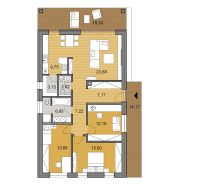 Skolaudovaný 4 izbový RD bungalov 101,65 m2 na pozemku 531 m2, Senec - Pôdorys rodinného domu s podlahou s dreveným dekorom a priestrannými miestnosťami.