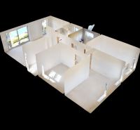 Skolaudovaný 4 izbový RD bungalov 101,65 m2 na pozemku 531 m2, Senec - 3D pôdorys rodinného domu s viacerými miestnosťami a veľkými oknami.