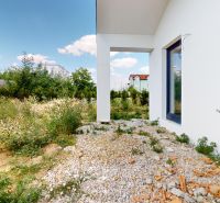 Skolaudovaný 4 izbový RD bungalov 101,65 m2 na pozemku 531 m2, Senec - Záhrada rodinného domu na Karasovej ulici v Senci s kamenistým povrchom a zeleným porastom.