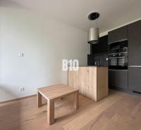 Relax Residence - Apartmán so zariadením - Kuchynský kút s tmavými skrinkami a podlahou s dreveným dekorom v 2-izbovom byte.