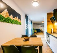 Investičný APARTMÁN v centre Terchovej - Interiér rekreačného apartmánu s kuchynskou linkou a stolom, podlaha s dreveným dekorom.
