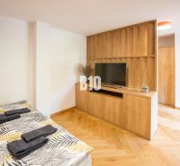 Investičný APARTMÁN v centre Terchovej - Rekreačný apartmán s posteľou, TV, podlahou s dreveným dekorom a dreveným nábytkom.