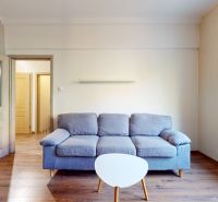 Priestranný 2i byt v obklopení zelene len pár krokov od OC Nivy | 53m² - Pohovka a biely stolík v obývacej izbe, podlaha s dreveným dekorom.