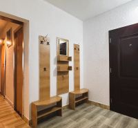 94,66 m², štyri izby a nikto nad hlavou. A Komenského má svoje výhody! - Vstupná chodba so zrkadlom a vešiakom, 4-izbový byt s podlahou s dreveným dekorom.