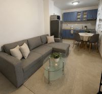 Na prenájom 3-izb. rodinný dom, Tešedíkovo - Obývačka Rodinného domu s rohovou sedačkou, konferenčným stolíkom a kuchyňou s modrými skrinkami.