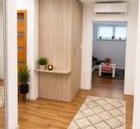 5 izbový komplet zrekonštruovaný zariadený rodinný dom v Seliciach  - Interiér rodinného domu s podlahou s dreveným dekorom, koberec a rastliny dekorujú chodbu.