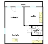2 izbový byt na prenájom Vrútky, zariadený - Pôdorys 2-izbového bytu s loggiou, obývačkou, kuchyňou a kúpeľňou s WC.