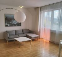 Prenájom dvoch 2-izbových bytov vedľa seba, Martin - centrum - Svetlá obývacia izba v 2-izbovom byte, sedačka, stolík, podlaha s dreveným dekorom.
