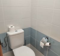 Prenájom dvoch 2-izbových bytov vedľa seba, Martin - centrum - Kúpeľňa so svetlými obkladmi a toaletou v 2-izbovom byte.