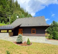 Útulná 4i chalupa pri potoku – Jarabá, Nízke Tatry - Chata v Jarabej obklopená lesom a upravenou záhradou pod modrou oblohou.