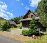 Útulná 4i chalupa pri potoku – Jarabá, Nízke Tatry - Chata v Jarabej obklopená stromami a modrou oblohou v horskej krajine.